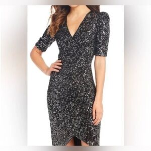 NWT Calvin Klein Black Sequin Faux Wrap Tulip Hem Dress Sz 10 Cocktail Christmas